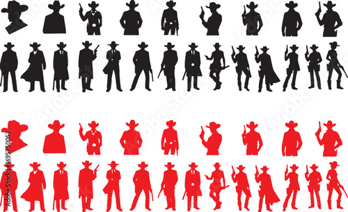 cowboy, silhouette, western, wild west, gunslinger, outlaw, sheriff, man, male, figure, character, hat, pistol, revolver, coat, collection, set, variety, black, red, white background, isolated, graphi