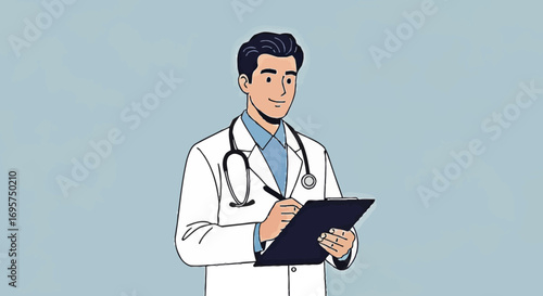Confident Doctor Making Notes on Clipboard Healthcare Professional Illustration