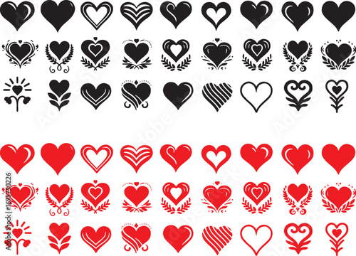 heart, love, symbol, shape, black, red, outline, filled, empty, wreath, laurel, leaves, branches, decorative, design, element, graphic, illustration, icons, set, collection, romantic, valentine, celeb
