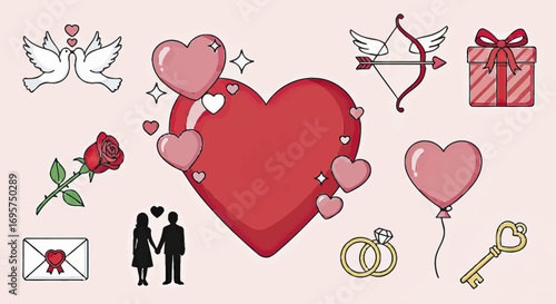 Valentine's Day Vector Icons Set Hearts, Cupid, Love & Romance Elements for Design Projects