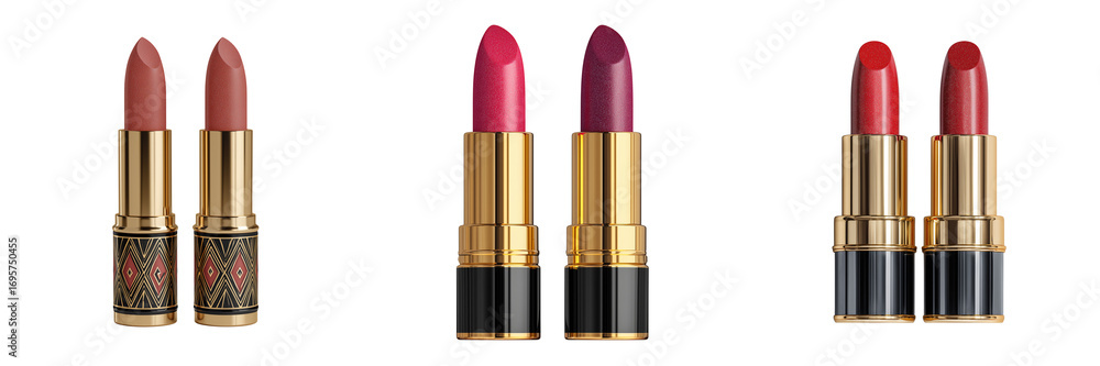 Obraz premium Set of Red and gold lipsticks with reflective black background on transparent png background. Ai generated