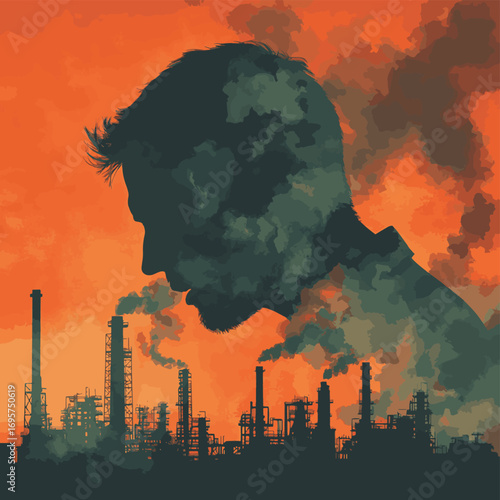 Upset man silhouette over air pollution from industrial factory smoke