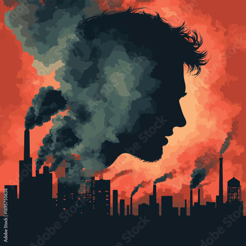 Upset man silhouette over air pollution from industrial factory smoke