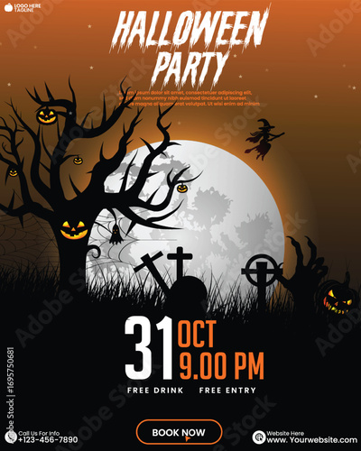 Spooky Halloween party template with pumpkins and dark elements. Modern Halloween celebration poster design with pumpkins and ghosts. Halloween night party invitation card design vector. 