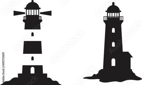 a lighthouse silhouette with various parts disassembled