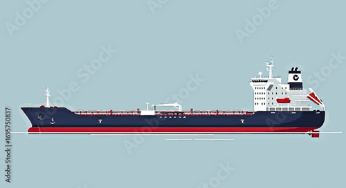 Side profile vector illustration of an oil product tanker ship for maritime transport, representing the global freight and shipping industry on an isolated background