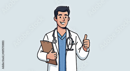 Friendly male doctor in a white coat with a stethoscope giving a thumbs-up gesture, a positive medical concept illustration