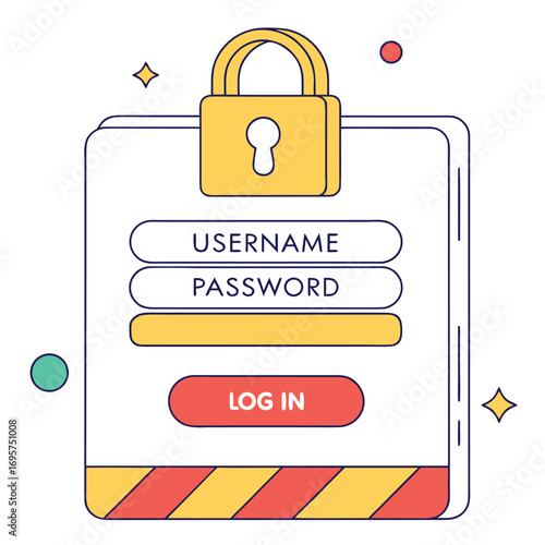 A colorful security panel displays username and password options with a visible yellow lock