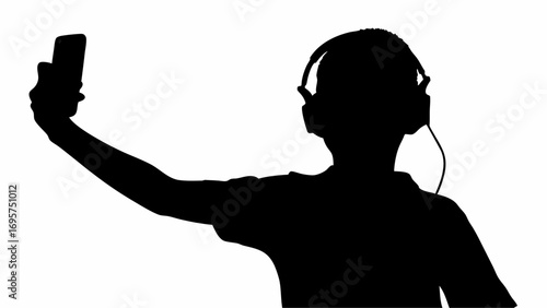 Silhouette of a person wearing headphones and holding a phone up to take a selfie in black and white | editable eps vectors