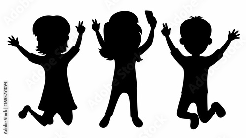 Three children silhouettes jumping with arms raised and peace signs in a playful and energetic manner | editable eps vectors