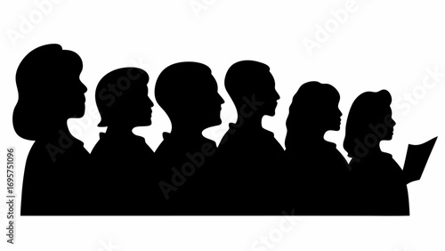 Silhouette of a choir group singing from sheet music in a line formation against white background view | editable eps vectors