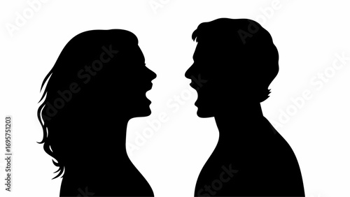 Silhouette of a woman and a man facing each other with open mouths in a confrontation or argument scene | editable eps vectors