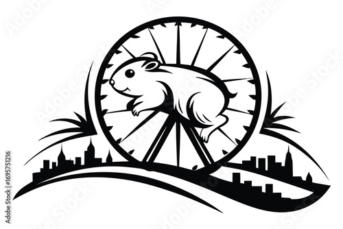 Playful Hamster on Spinning Wheel, Urban Skyline Below, Monochrome on White