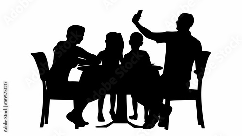 Silhouette of family at table with man taking photo using phone creating a dark and light contrast scene | editable eps vectors