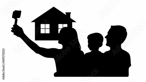 Silhouette of family taking a selfie with a house in the background representing home ownership dream | editable eps vectors