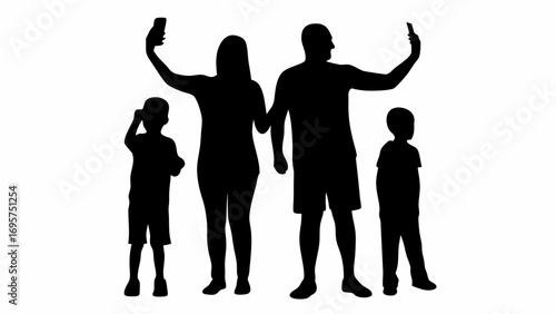Silhouette of family taking selfie with smartphones including mother father and two children posing together | editable eps vectors