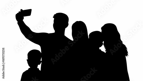 Silhouette of a group taking a selfie with a phone held up in the air against a white background | editable eps vectors