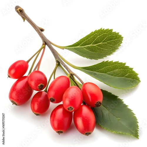 Berberis vulgaris var. vulgaris Wild Barberry Classic Glossy Red Berries with Smooth Shiny Texture and Fresh Leafy Accents Elegantly Isolated on a Bright Pure White Background