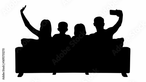 Silhouette of a family taking a selfie on a couch with one person waving their hand in the air happily | editable eps vectors