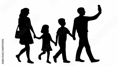 Silhouette of a family walking together with the father taking a selfie using his mobile phone device | editable eps vectors