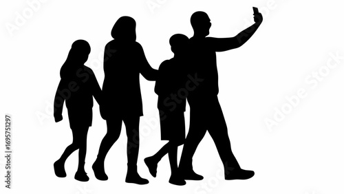 Silhouette of a family of four walking together with the father taking a selfie with a smartphone | editable eps vectors