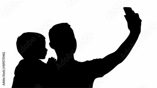 Silhouette of a father holding his child while taking a selfie with a mobile phone on a white background | editable eps vectors