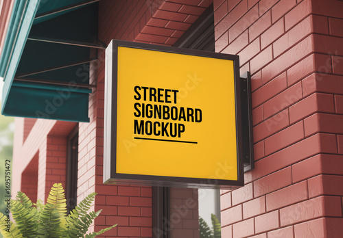 Wall Mounted Realistic Outdoor Square Signboard Mockup