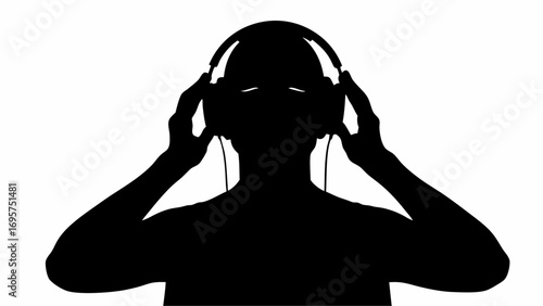 Silhouette of a person wearing headphones and holding them with both hands against a white background | editable eps vectors