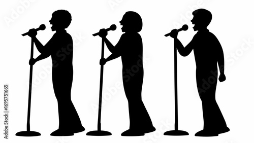 Three silhouettes of people singing into microphones on stands in a black and white illustration style | editable eps vectors
