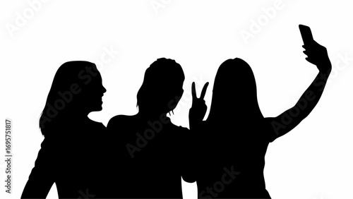 Three women taking a selfie with a smartphone with one making a peace sign in black silhouette shape | editable eps vectors