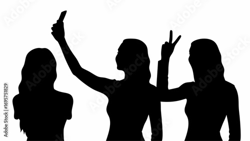 Silhouette of three women taking a selfie with a phone and making a peace sign against white background | editable eps vectors