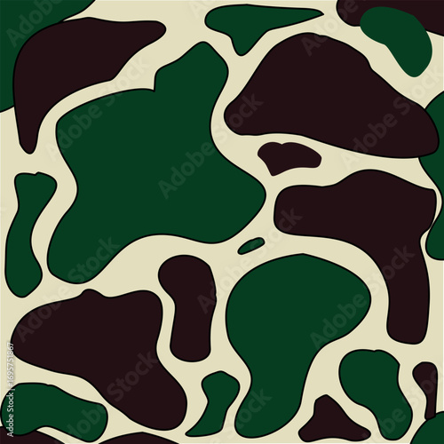 Indonesian camouflage pattern with green, brown, and black abstract shapes, suitable for military uniform, tactical design, and background textile use