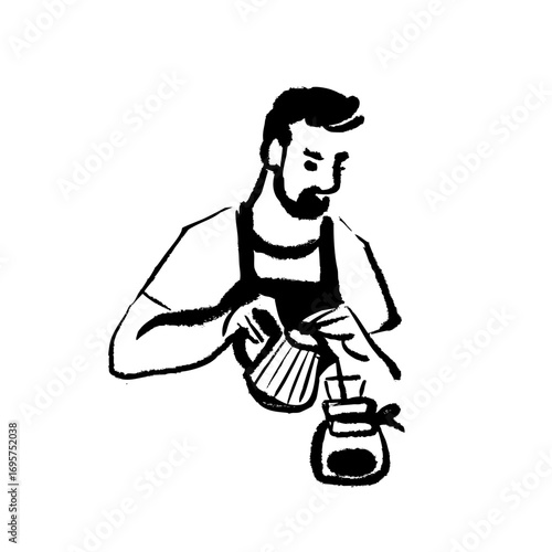Hand drawn barista preparing coffee with drip filter. Cafe logo, bakery branding, packaging design. Whimsical isolated sketch vector illustration.