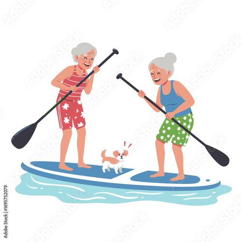 Active Senior Women & Pet Dog Paddleboarding Vector Illustration: Embracing Joyful Retirement & Friendship