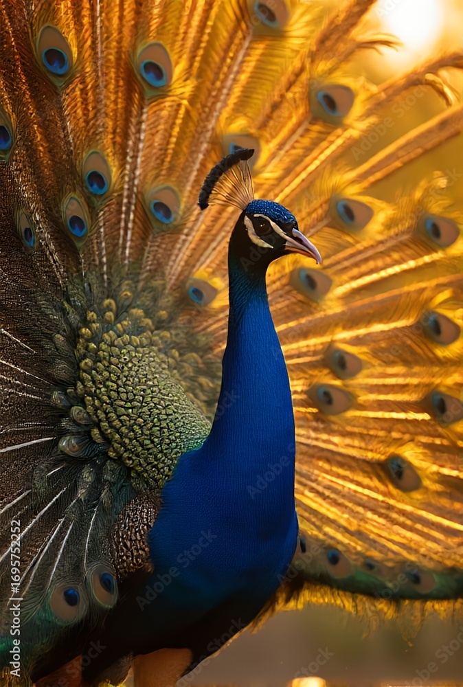 Fototapeta premium Majestic Peacock Displaying its Golden Train