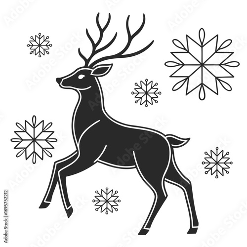 Black and white deer leaps amidst snowflakes against a clean transparent background
