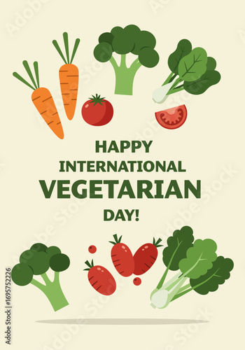 Happy International Vegetarian Day Greeting Card Featuring Fresh Vegetables like Carrots, Tomatoes, Broccoli, and Bok Choy
