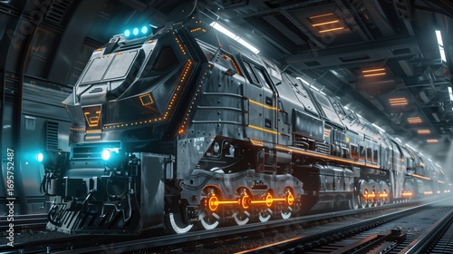 heavy cargo freight locomotive with AI technology integration, advanced sensor array including radar dishes and LiDAR units mounted on front and sides, high-tech camera systems