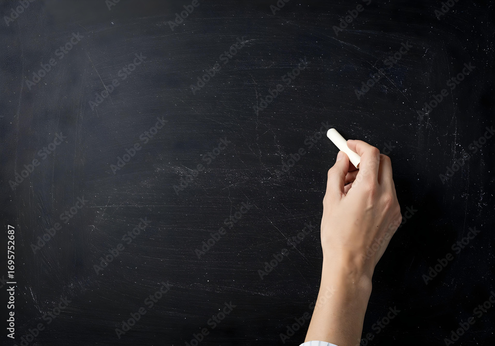 Naklejka premium A hand writes on a blackboard with a white chalk.