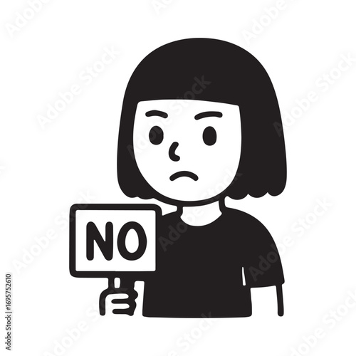 Cute cartoon girl holding a NO sign, expressing refusal or disagreement.