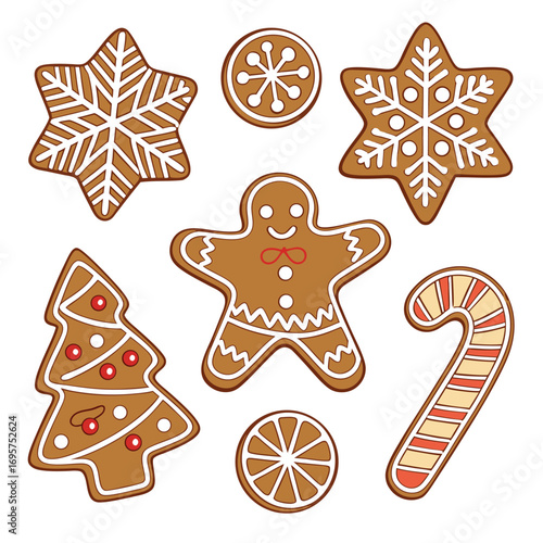 Delicious gingerbread cookies shaped as stars, a man, a tree, candy, and circles on transparent background