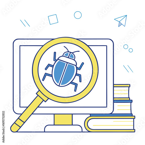 Bug on computer screen being inspected with magnifying glass; on transparent background