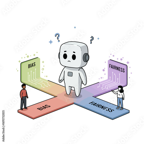 AI Ethics Dilemma Vector Illustration: Navigating Bias vs. Fairness in Artificial Intelligence Decisions