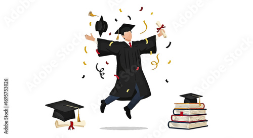 Joyful graduate celebrating academic achievement by jumping with a diploma and confetti, an illustration of success and education