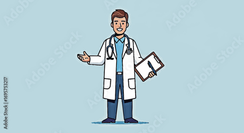 Smiling Male Doctor with Clipboard Gesturing Welcomingly Healthcare and Medical Consultation Concept