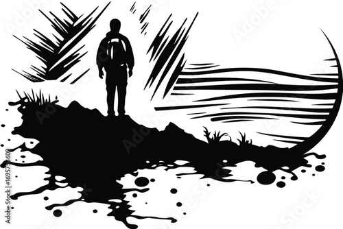Silhouette Backpacker on Mountain with Scenic Abstract Landscape Art