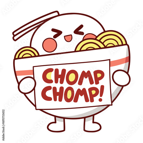 Joyful noodle bowl character presents a sign that reads Chomp Chomp with transparent background