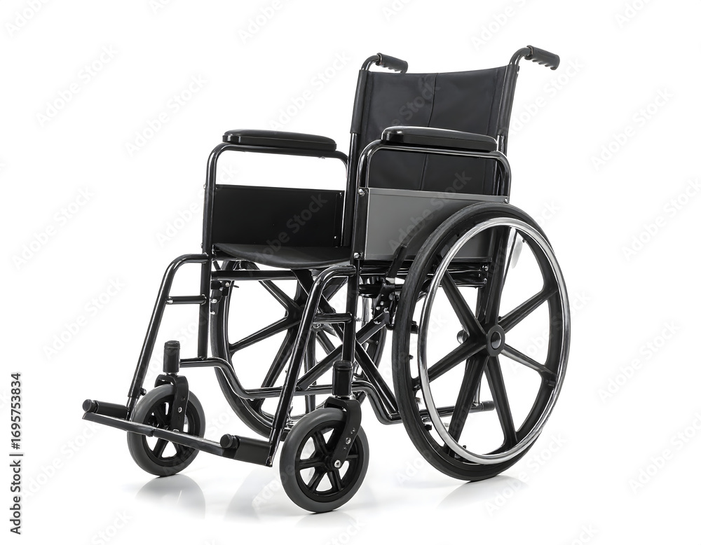 Fototapeta premium Empty, vintage wheelchair isolated on a clean white background for medical transportation and health care