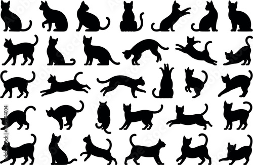Diverse silhouette cat poses collection dynamic feline forms animal art pet study creative design elements