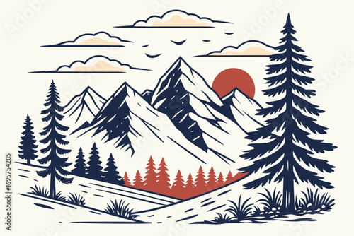 Beautiful Mountain Landscape Nature Illustration. Scenic Mountain Landscape Travel Artwork. Modern Mountain Landscape Decorative Design. Mountain Landscape Adventure Illustration Art